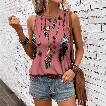 Women'S Feather Print Vest Summer Print