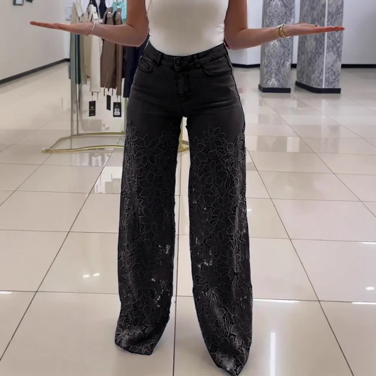 Y2K Lace Flowers Hollow Jeans High Waist