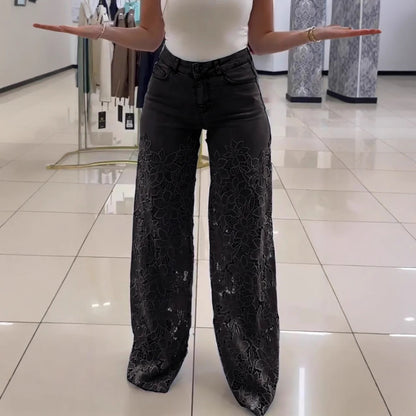 Y2K Lace Flowers Hollow Jeans High Waist