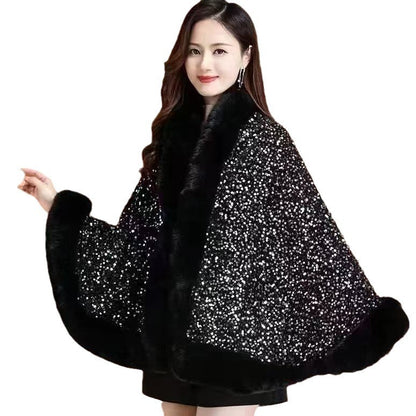 Fleece-Lined Thicken Big Fur Collar Sequined Shawl