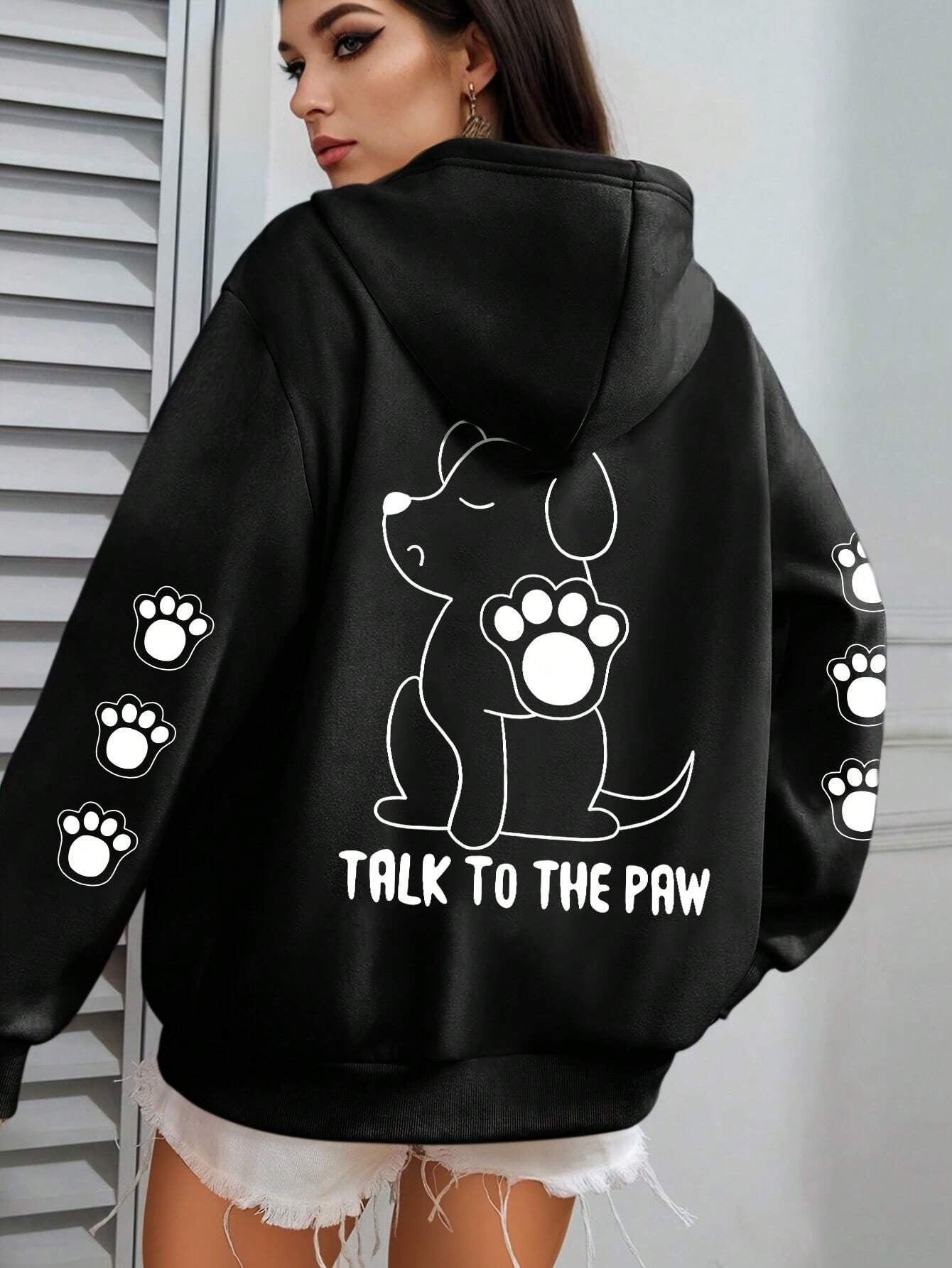 面白い犬の漫画プ​​リントパーカーレディース暖かい