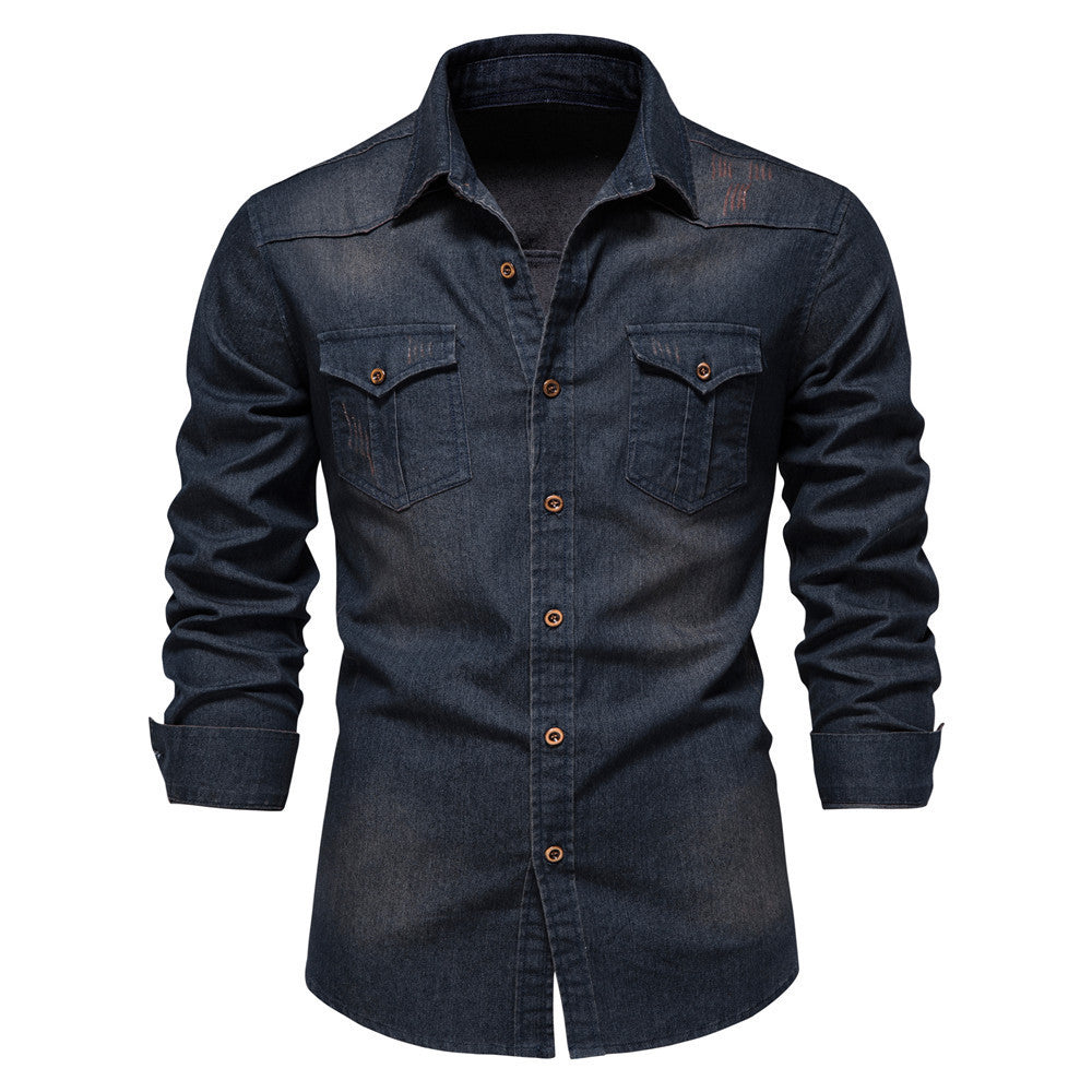 Men'S Long-Sleeved Denim Shirt Casual Solid Button