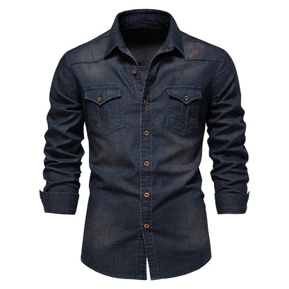 Men'S Long-Sleeved Denim Shirt Casual Solid Button