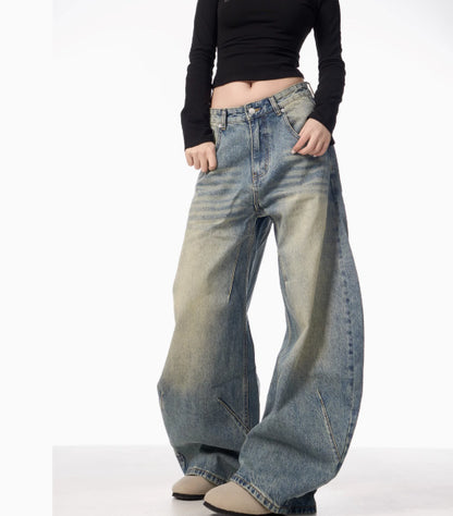 American Retro Washed Distressed Loose Wide-Leg Jeans