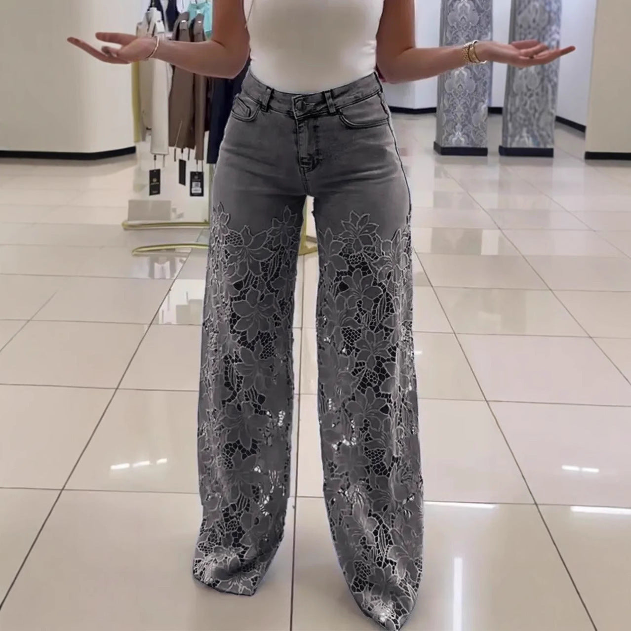 Y2K Lace Flowers Hollow Jeans High Waist