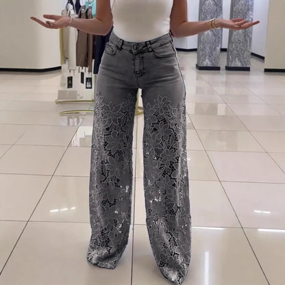 Y2K Lace Flowers Hollow Jeans High Waist