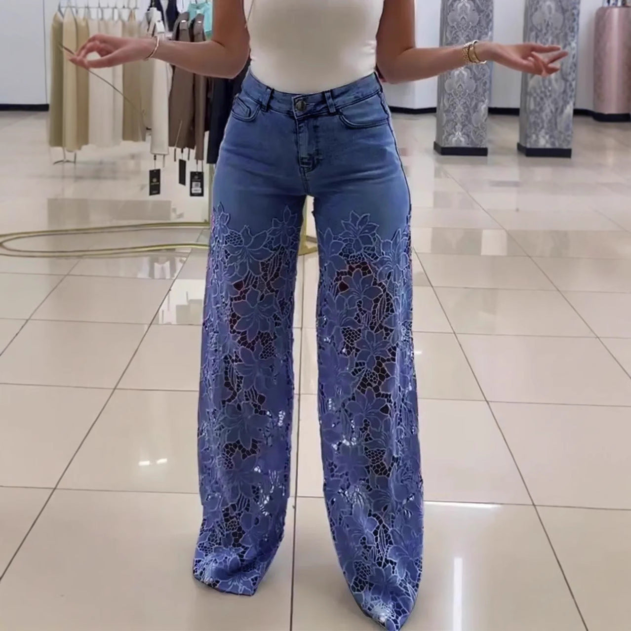 Y2K Lace Flowers Hollow Jeans High Waist
