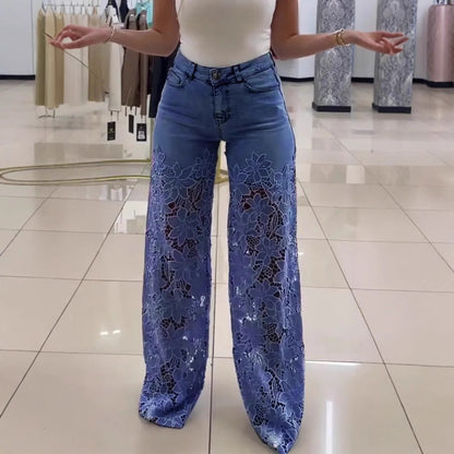 Y2K Lace Flowers Hollow Jeans High Waist