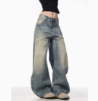 American Retro Washed Distressed Loose Wide-Leg Jeans