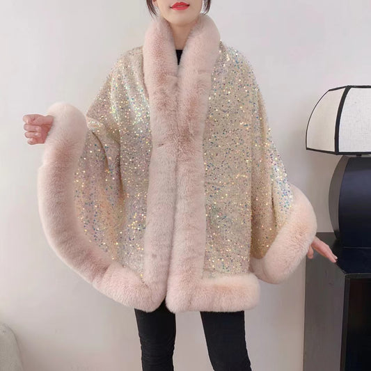 Fleece-Lined Thicken Big Fur Collar Sequined Shawl