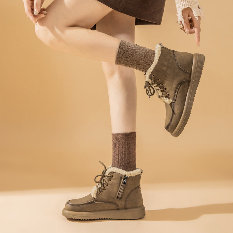 Lace-Up Plush Snow Boots Warm Fleece Flat