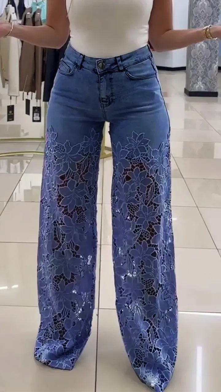 Y2K Lace Flowers Hollow Jeans High Waist