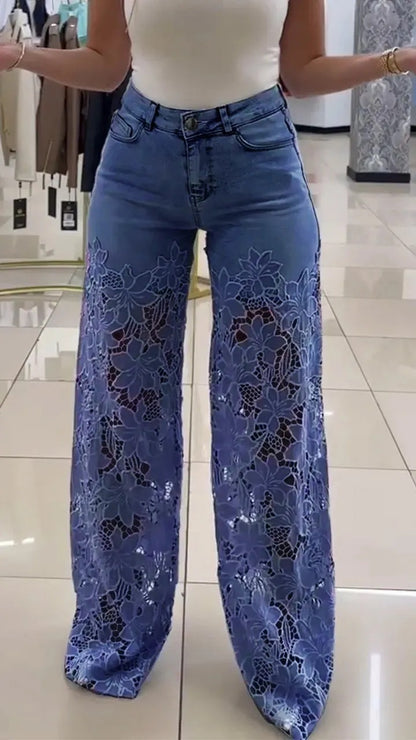 Y2K Lace Flowers Hollow Jeans High Waist