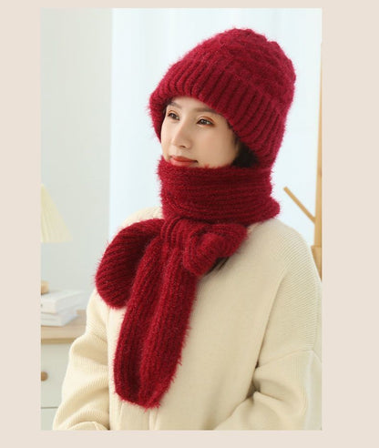Women'S Fleece-Lined Scarf And Hat Knitted Hat