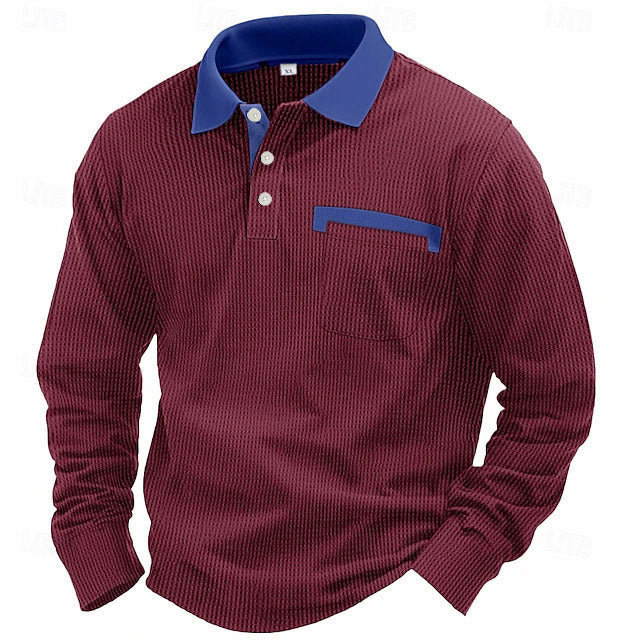 Men'S Long-Sleeved Waffle Polo Shirt Top