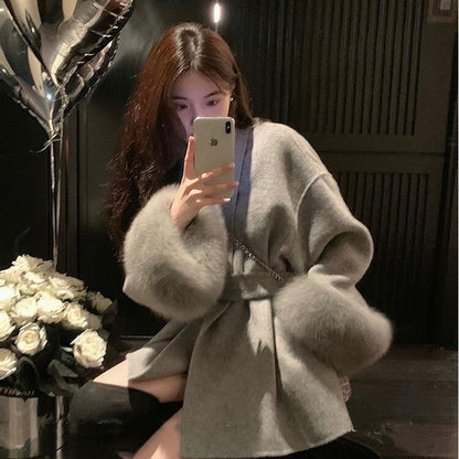 Cuff Detachable Fox Fur Elegant -Sided Cashmere