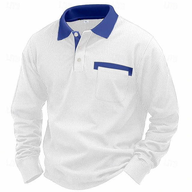 Men'S Long-Sleeved Waffle Polo Shirt Top