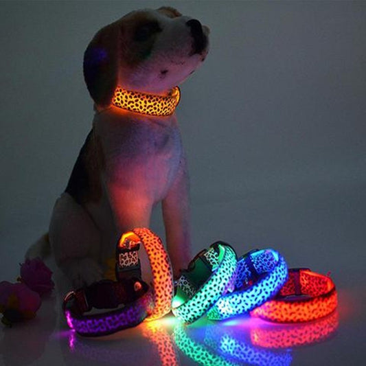 LED犬用首輪 安全調節可能 ナイロン ヒョウ柄