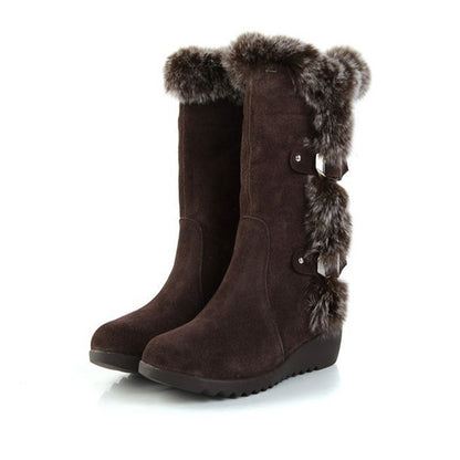 Brown Warm Fur Mid-Calf Boots Shoes Slip-On