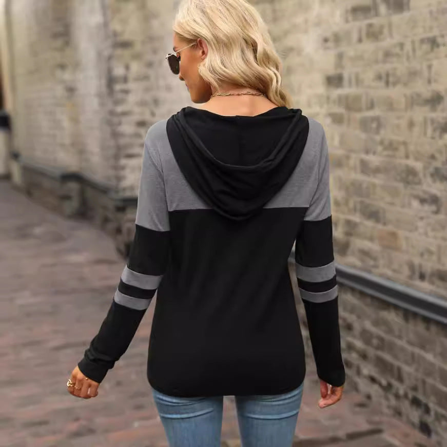 European And American Hooded Stitching Long-Sleeved Sweater