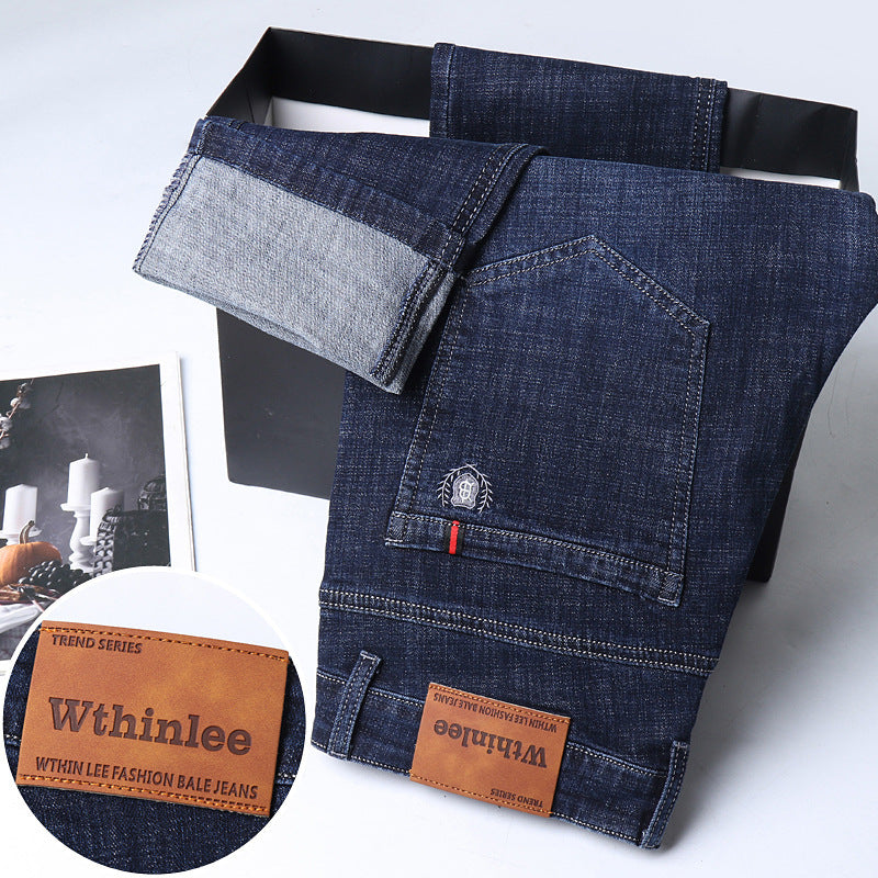 Jeans Men'S Straight Loose Casual Pants Fleece-Lined