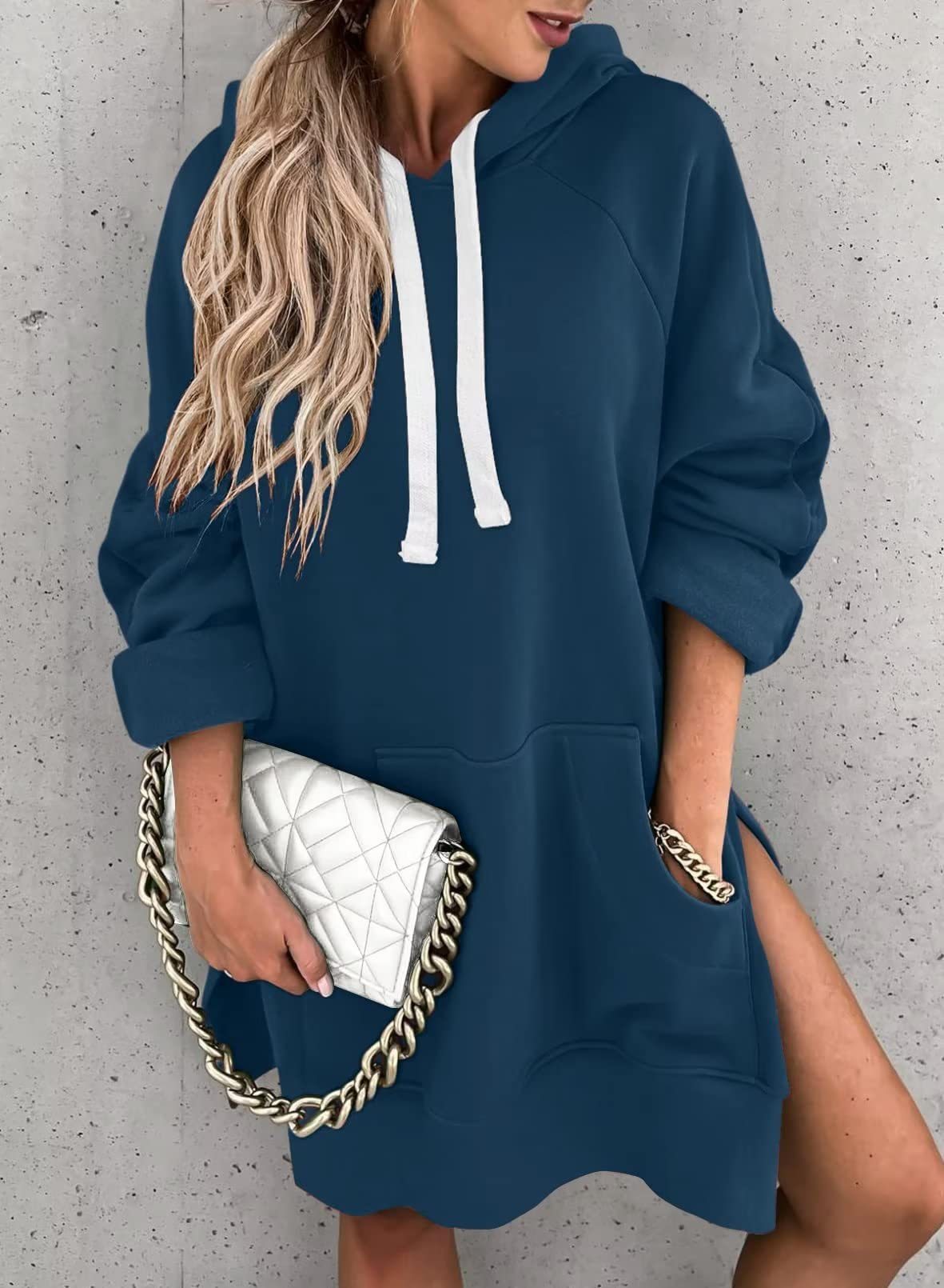 Women'S Solid Color Hooded Mid-Length Sweater