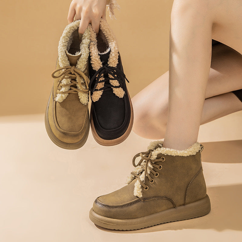 Lace-Up Plush Snow Boots Warm Fleece Flat