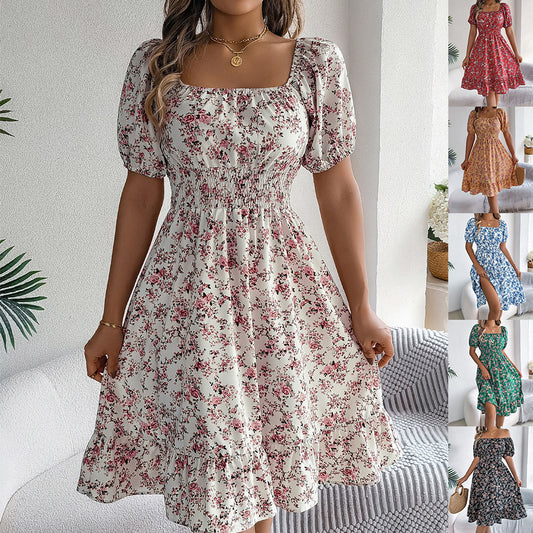 Floral Print Square Collar Dress Summer Ruffles
