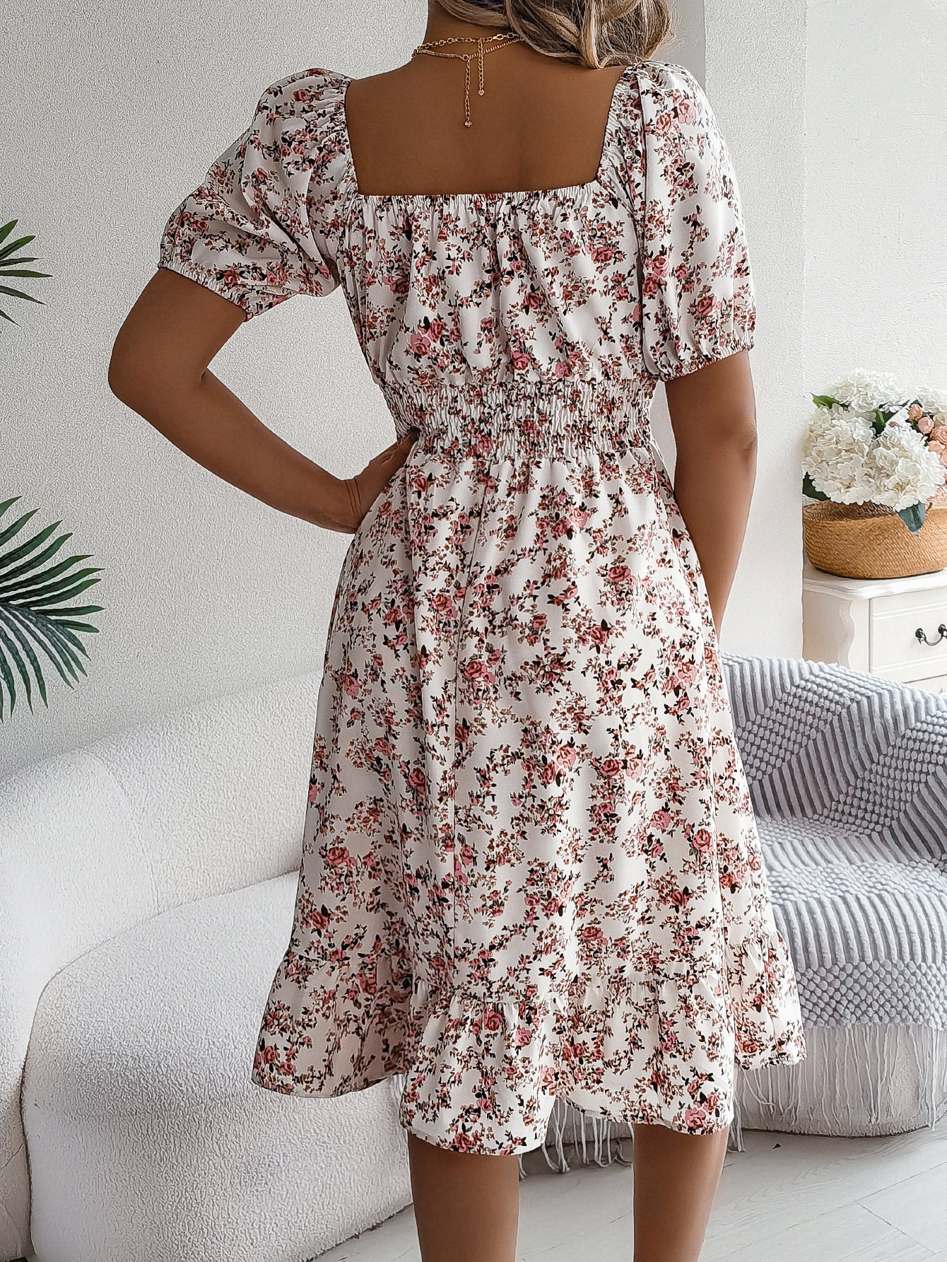 Floral Print Square Collar Dress Summer Ruffles