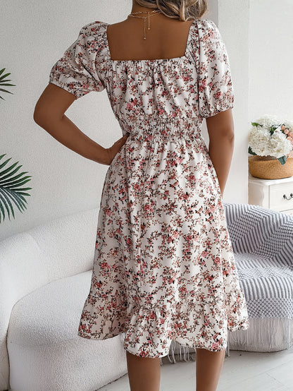 Floral Print Square Collar Dress Summer Ruffles
