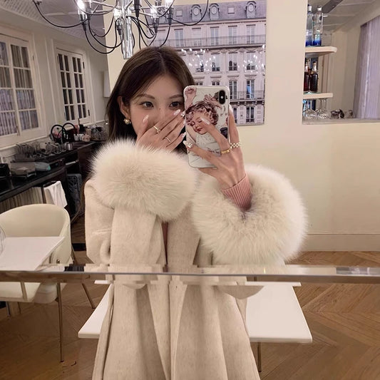 Cuff Detachable Fox Fur Elegant -Sided Cashmere