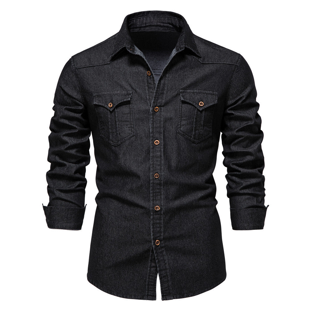 Men'S Long-Sleeved Denim Shirt Casual Solid Button