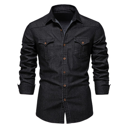 Men'S Long-Sleeved Denim Shirt Casual Solid Button