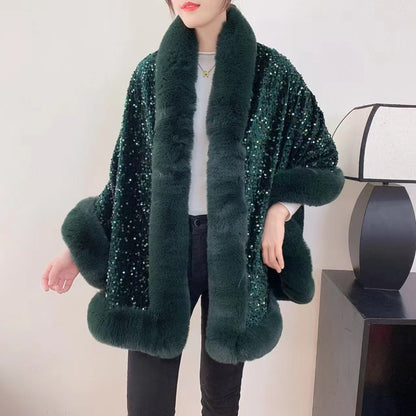 Fleece-Lined Thicken Big Fur Collar Sequined Shawl