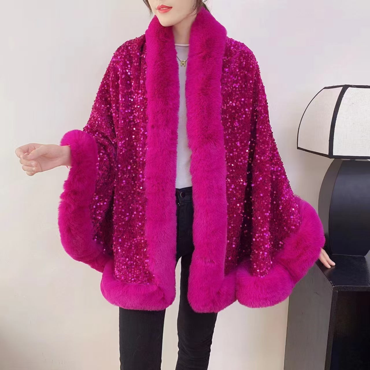 Fleece-Lined Thicken Big Fur Collar Sequined Shawl