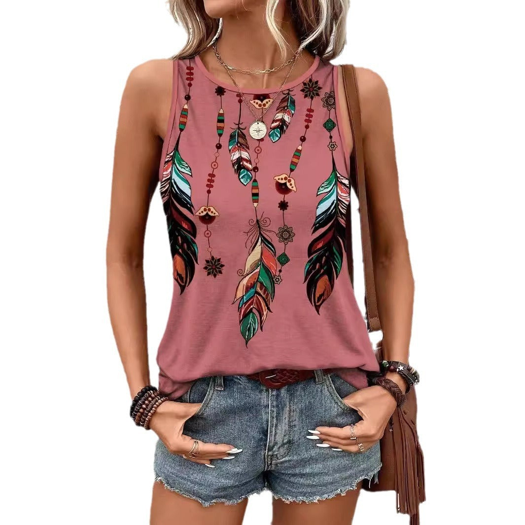 Women'S Feather Print Vest Summer Print