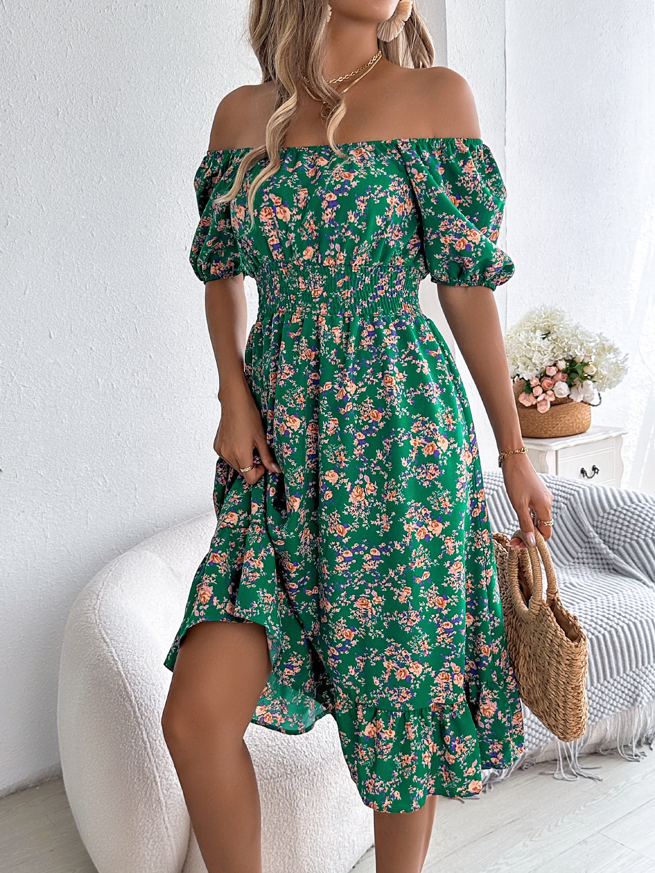 Floral Print Square Collar Dress Summer Ruffles