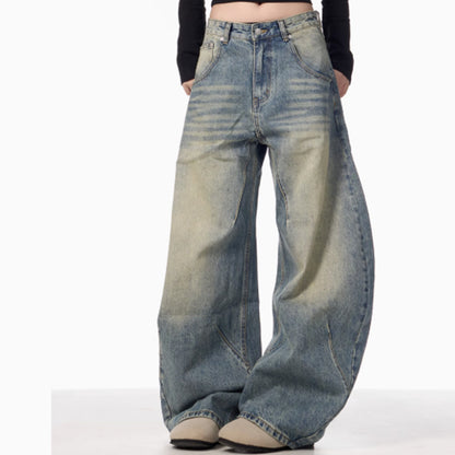 American Retro Washed Distressed Loose Wide-Leg Jeans