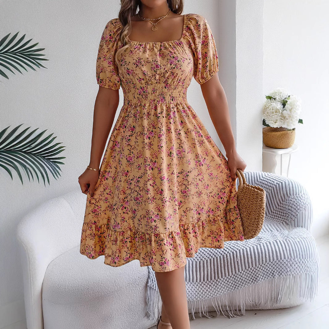Floral Print Square Collar Dress Summer Ruffles