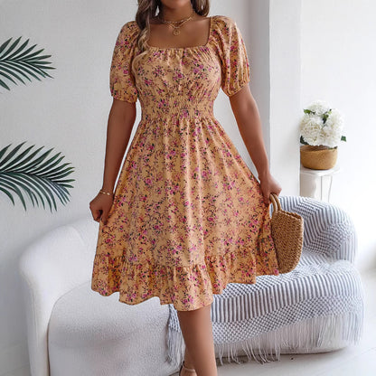Floral Print Square Collar Dress Summer Ruffles