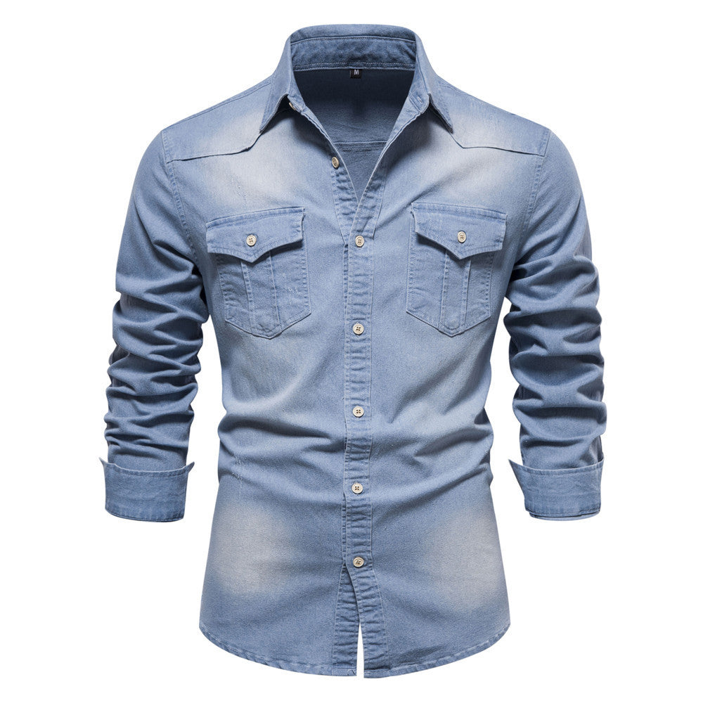 Men'S Long-Sleeved Denim Shirt Casual Solid Button