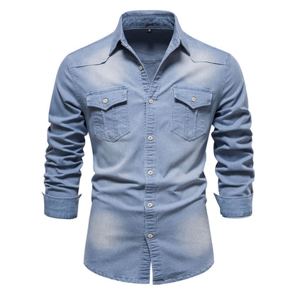 Men'S Long-Sleeved Denim Shirt Casual Solid Button