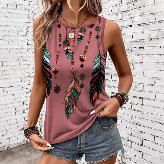 Women'S Feather Print Vest Summer Print