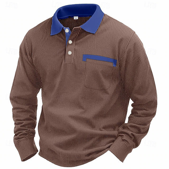 Men'S Long-Sleeved Waffle Polo Shirt Top