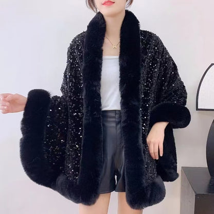 Fleece-Lined Thicken Big Fur Collar Sequined Shawl