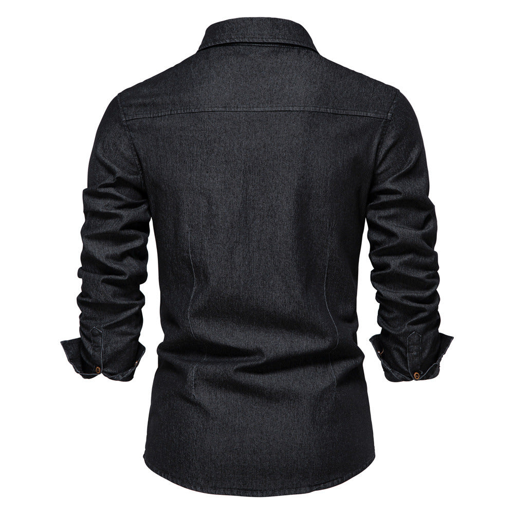 Men'S Long-Sleeved Denim Shirt Casual Solid Button