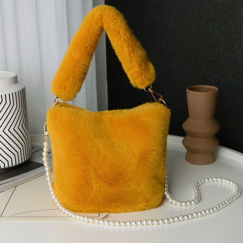 Checkerboard Plush Bucket Bag With Pearl Chain