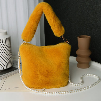 Checkerboard Plush Bucket Bag With Pearl Chain