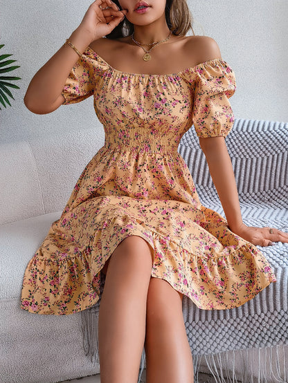 Floral Print Square Collar Dress Summer Ruffles