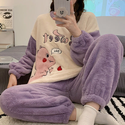 刺繍入り厚手ドローストリングコーラルベルベットパジャマ女の子